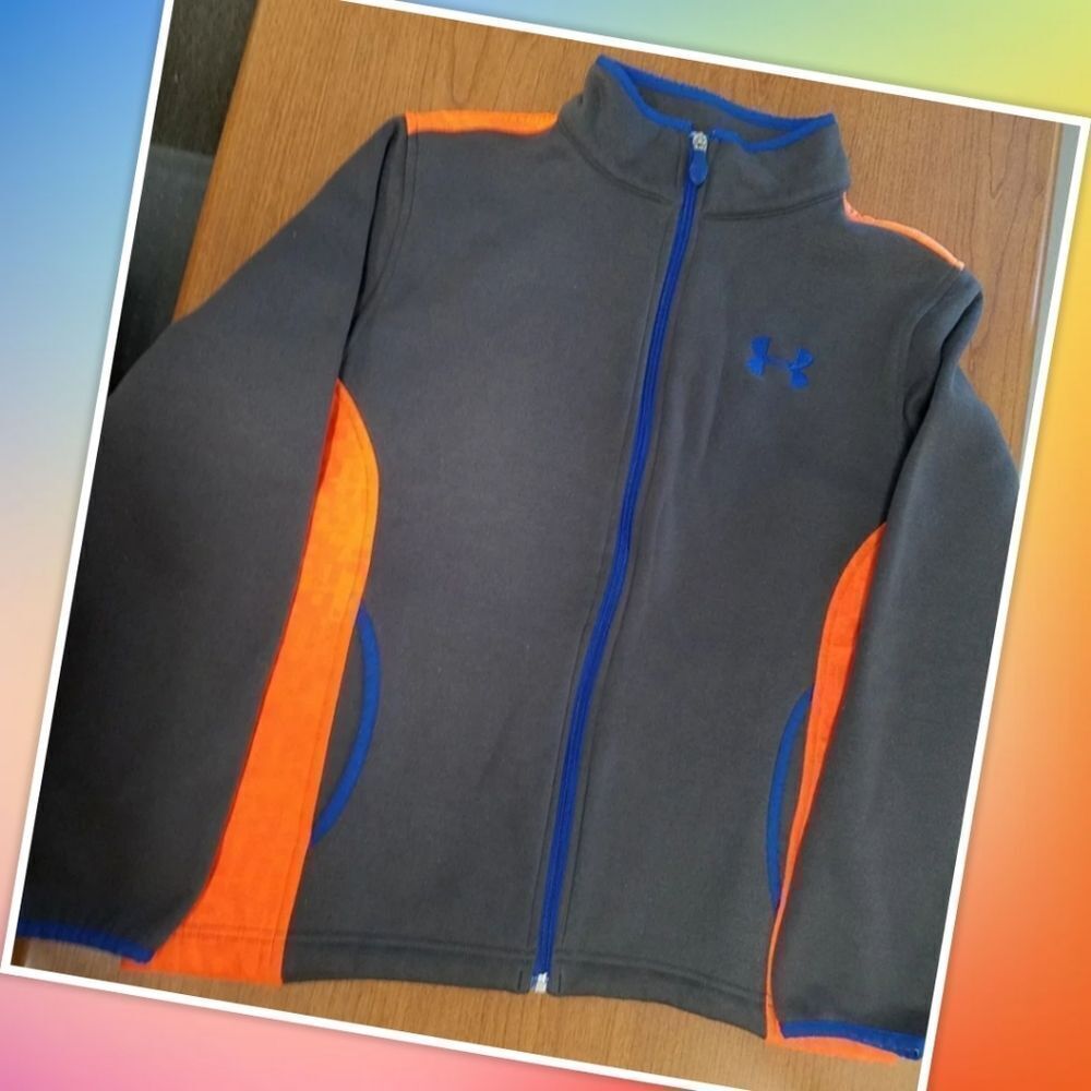Under Armour youth Large full zip jacket. Grey full zip up jacket with bright or